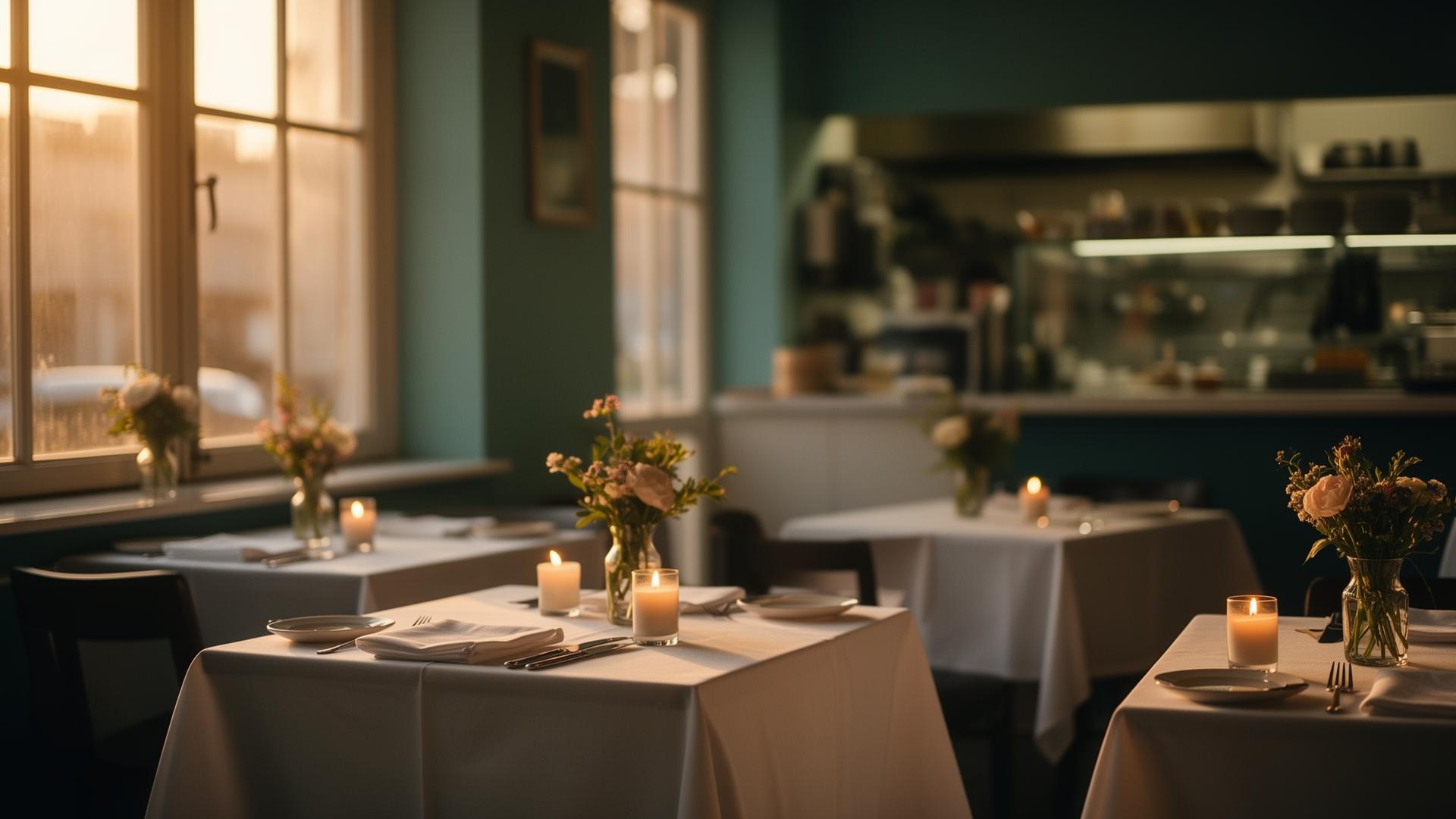 Calm small restaurant dining room ready for service